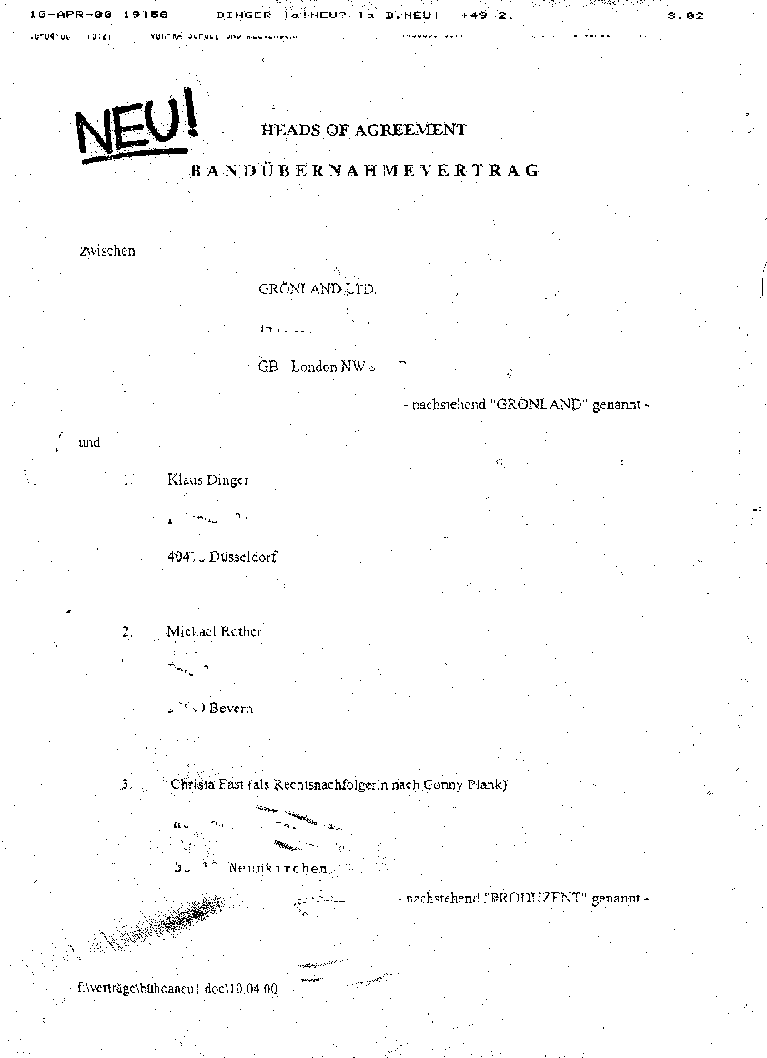 First Page of the Contract between NEU! and Groenland